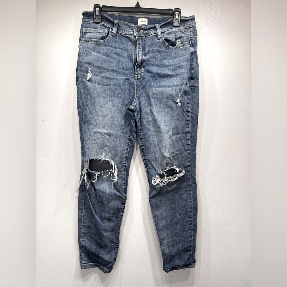 Sneak Peak Distressed Ripped Knees Denim High Rise Jeans Medium Whisker Wash